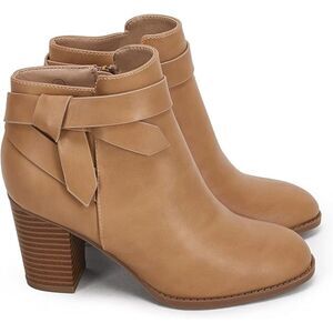 Women's Camel Closed Toe Stacked Heel Tie Knot Side ZIP Chelsea Pump Ankle Boots